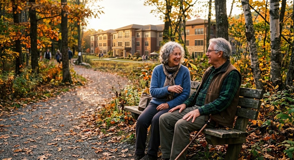 Seniors walking together outdoors among greenery